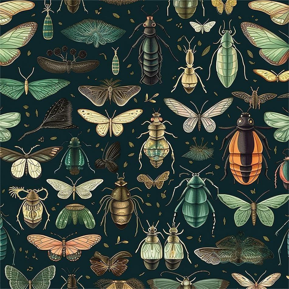 Insect Specimen Animals Dark Green Black Brown Peel and Stick Wallpaper Contact Paper Vintage Vinyl Stick on Wall Paper for Bedroom Bathroom Kitchen Cabinet Renter Friendly