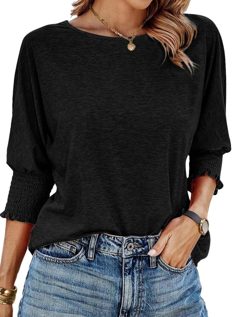 Womens Summer Blouse T-Shirts 3/4 Sleeve Tee Tops Crewneck Basic Business Tees Cute Loose Fit Going Out Shirts Blouses (Black, XL)