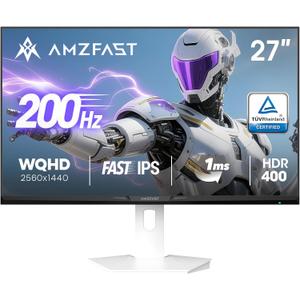 Amzfast 27 Inch 1440P 200Hz/180Hz White Gaming Monitor, 2K QHD (2560 1440),MPRT 1ms Fast IPS | HDR400 & TV Rheinland Eye Care & 12 Months Exchange (HDMI & DP Cable)