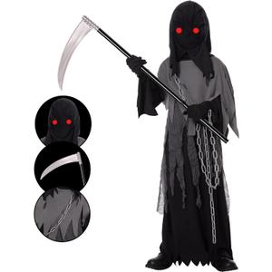 Grim Reaper Costume for Kids,Phantom Halloween Costume with Red Glowing Eyes,Skull Gloves Scythe included