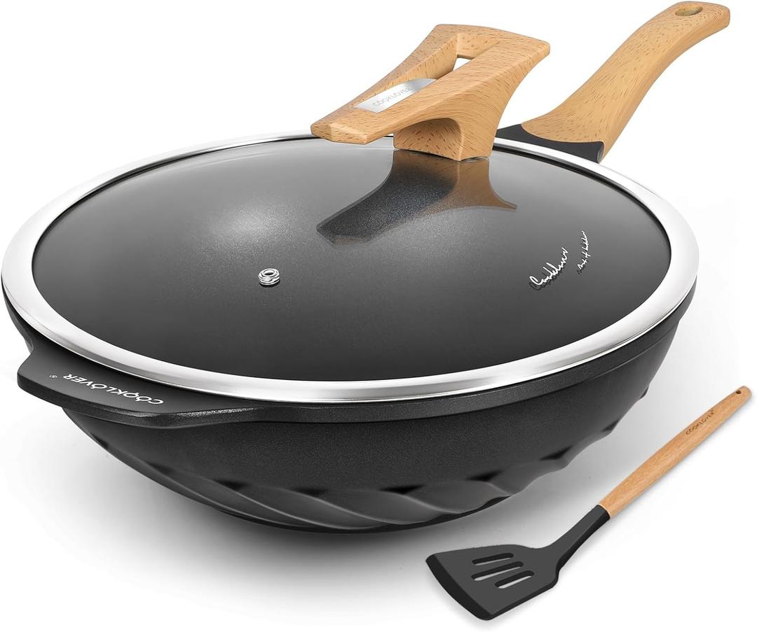 COOKLOVER Nonstick Woks And Stir Fry Pans Die-cast Aluminum Scratch Resistant 100% PFOA Free Induction Wok pan with Lid 12.6 Inch - BK
