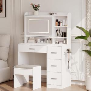 Viaozutis Vanity Desk with a Mirror and Lightswith Chair and Four Drawers, Three Adjustable Lighting Modeswith Power Outlet and Sliding LED Mirror,Bedroom Vanity Desk (White)