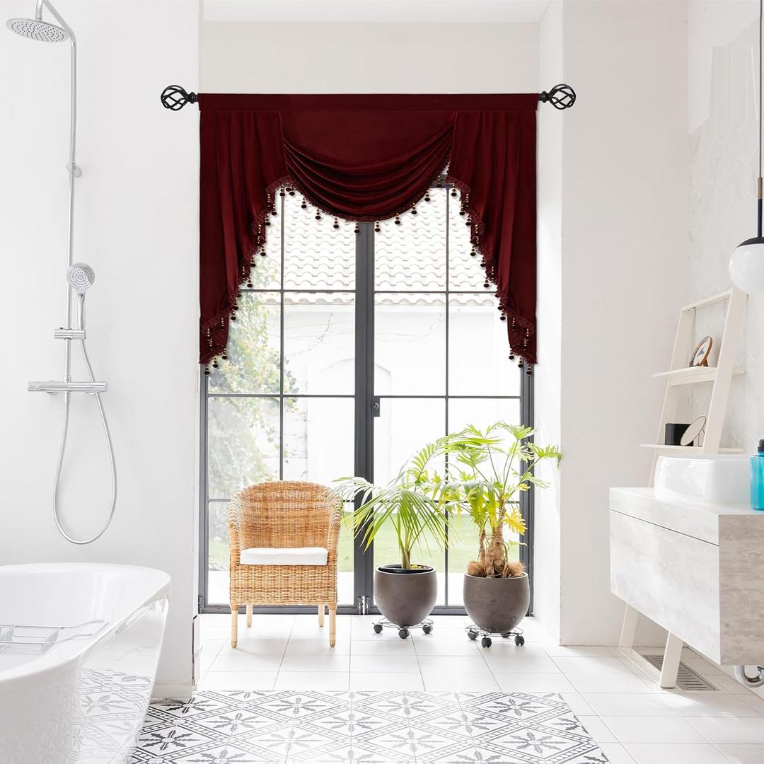 Burgundy Red Valance - Waterfall Swag Valance for Window Toppers Window Cutains for Bedroom (1 Panel, Wine Red, W39 inch)
