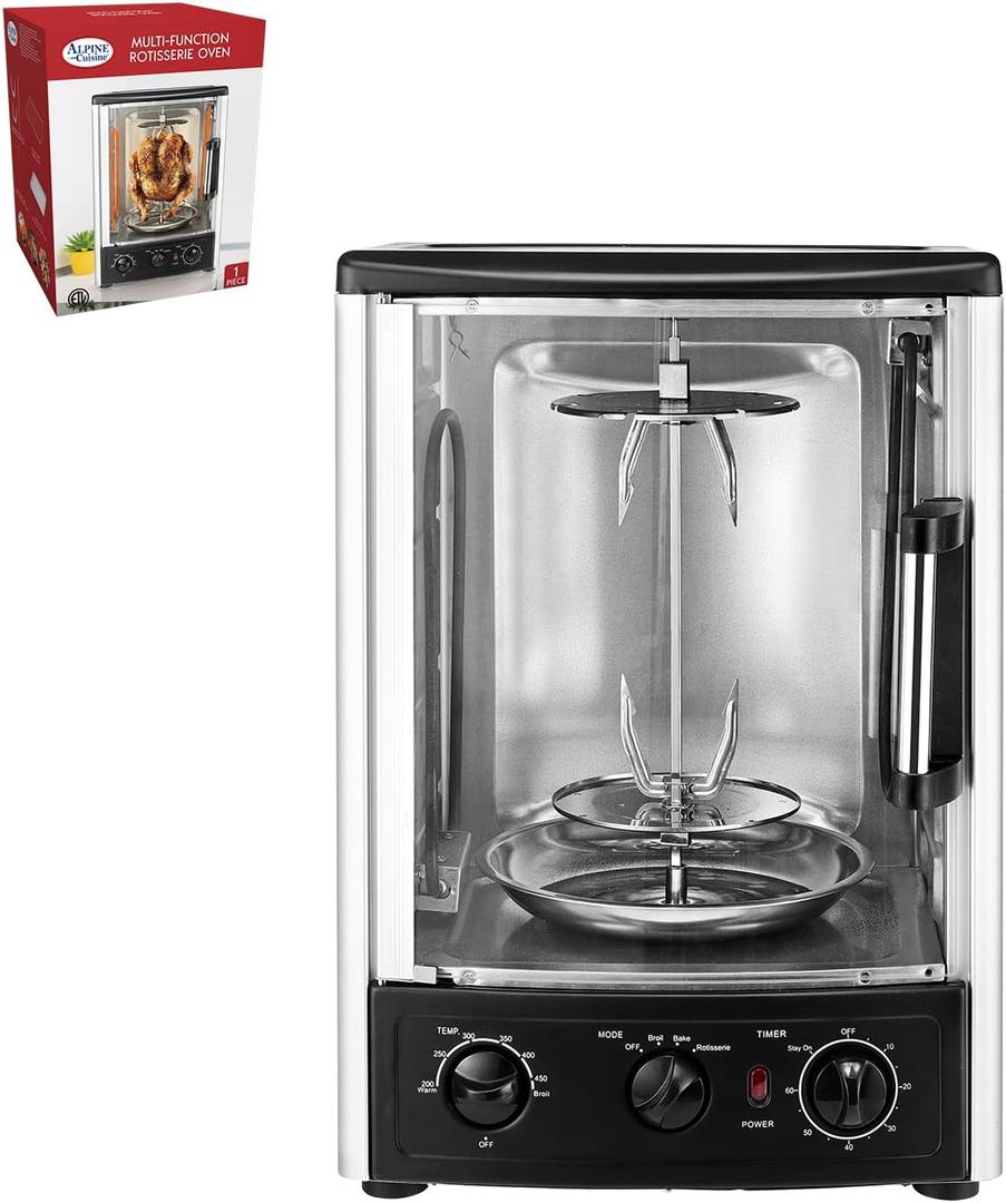 Alpine Cuisine Multi-Function Electric Roaster Oven for Turkey, Shawarma, Baking & Slow Cooking  Includes Bake Rack & Kebab Skewer Set, Precise Temperature Control