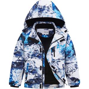 Boys Waterproof Ski Jacket Fleece Lined Warm Winter Snow Coat Hooded Winter Jacket for Kids (5-6, White Blue)