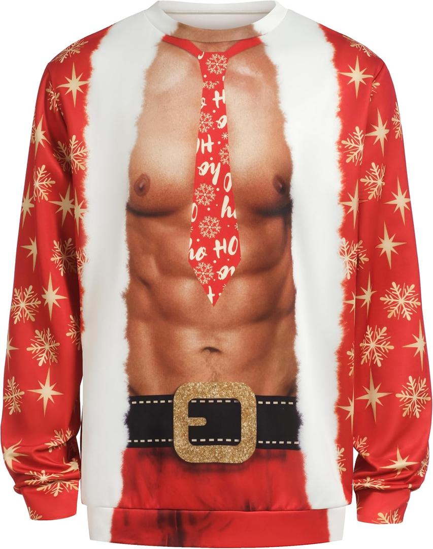 Ugly Christmas Sweatshirt Men Women Funny Family Christmas Sweatshirt Funny Abs Pattern Print Pullover Xmas Top (Red, XXL)