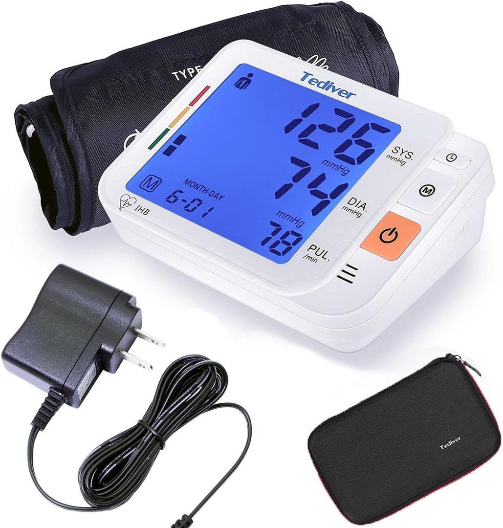 Tediver Digital Blood Pressure Monitor, Large Cuff 0.7-1.3 Feet, Electric Upper Arm Blood Pressure Machine with Electric Powered Charger and Device Case, Backlight LCD Screen
