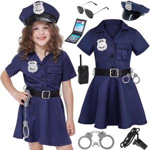 Girls Police Officer Costume Kids Cop Outfit for Halloween Role Play Dress Up (9-10 Years)