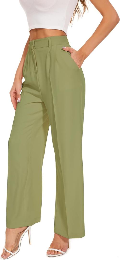 FUNYYZO Wide Leg Pants Women's High Elastic Waisted in The Back Business Work Trousers Long Straight Suit Pants (Green, S)