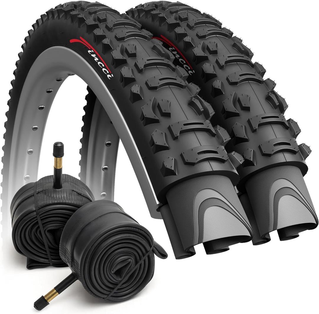 Fincci XC Knobby 26 inch Bike Tires with 2X 26 inch Bike Tube 50-559 - Pair 26x1.95 Bike Tire - Foldable Mountain Tires with Kevlar - 26" Wheelset for Electric, Folding, Enduro, Offroad, Hybrid Bikes