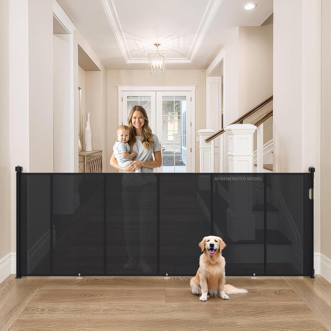 Upgrade Retractable Baby Gates Extra Wide (120" W x 42" H), 120 inch Reinforced Retractable Dog Gate to Prevent Crawling Through, Retractable Gate Outdoor/Indoor, Real One-Handed Operation, Black
