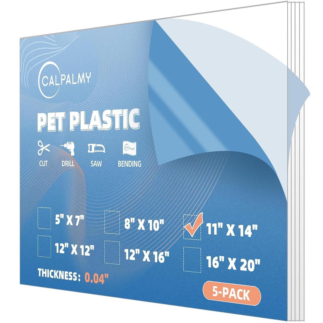 CALPALMY 5-Pack 11x14 Clear PET Plastic Sheets, 0.04" Thick Flexible Transparent Panels, Shatter-Resistant Plexiglass Alternative for Picture Frames, Signs, Displays, Crafts & DIY Projects