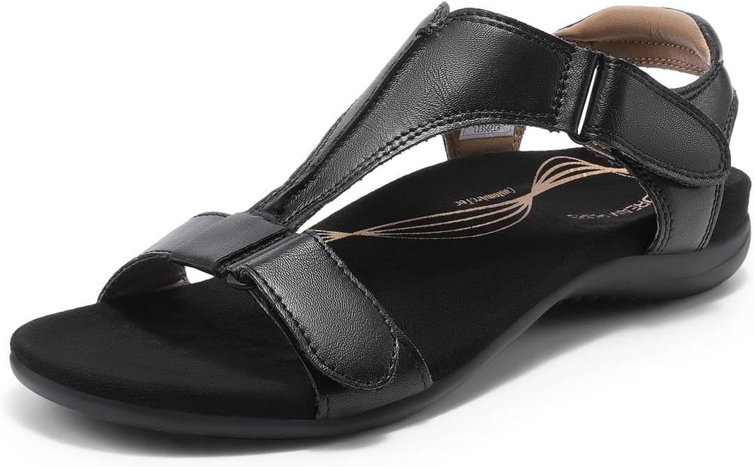 DREAM PAIRS Women's Sandals Arch Support T-Strap Orthopedic Flat Sandals Comfortable Summer Shoes (7, All Black)
