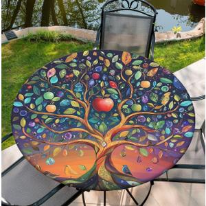 Round Fitted Tablecloth with Elastic, Waterproof Tablecloth for Kitchen Party Picnic, Tablecover for 38"-42" Table, 44Inch Tablecover, Life Tree