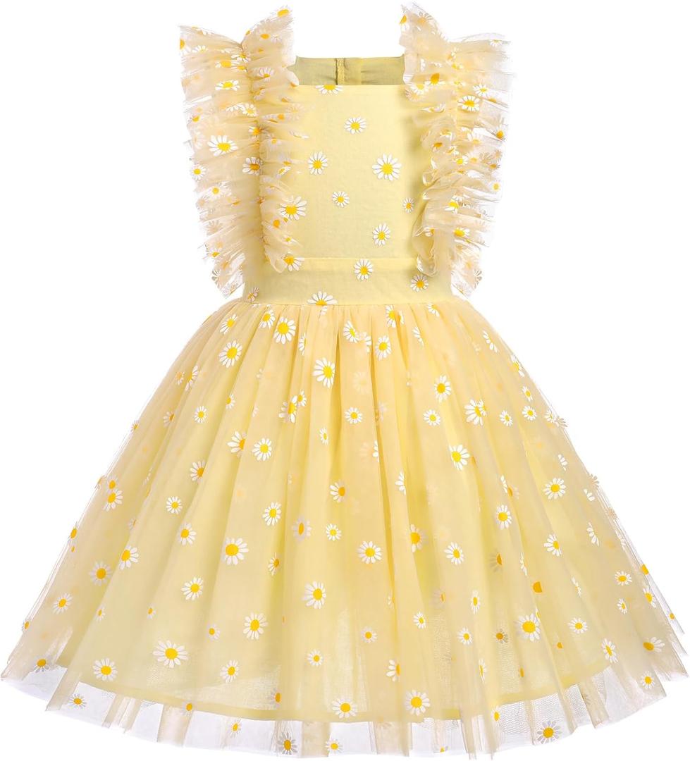 Kids Girls Confetti Polka Dots Butterfly Princess Party Wedding Flower Girl Dress Photography 3-4T, 100 (Kids Yellow Daisy)