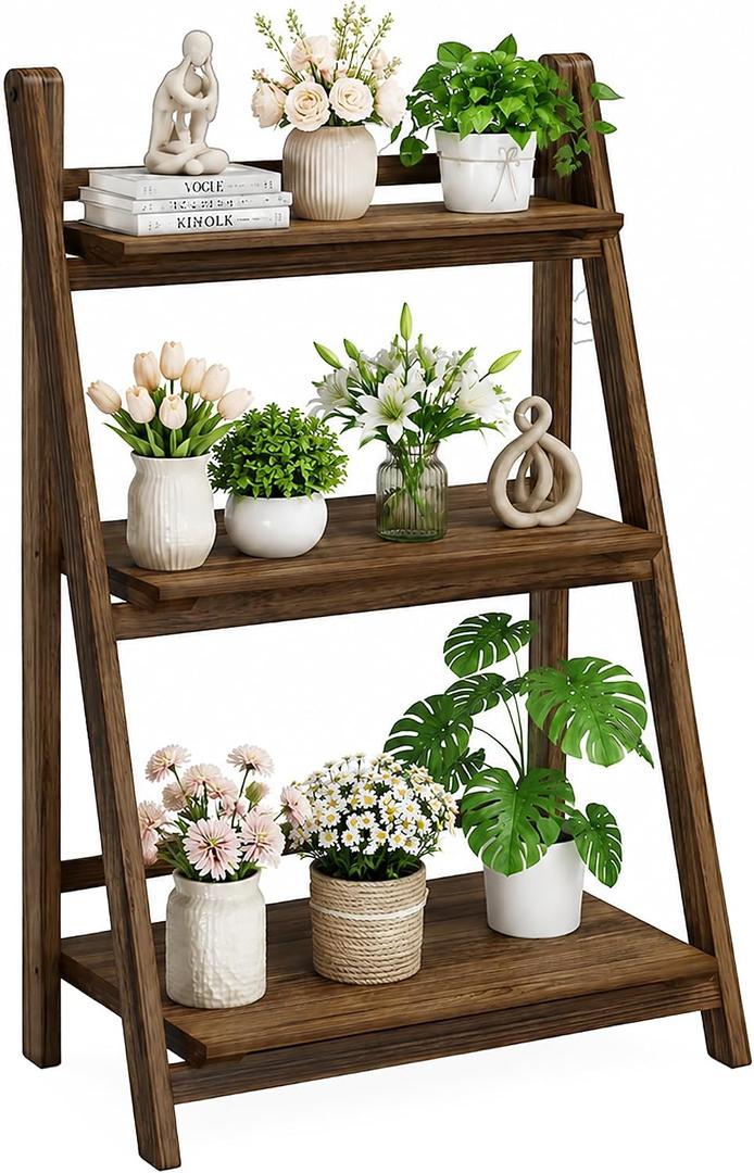 Ladder Shelf 3-Tier Foldable Wooden Ladder Bookshelf Plant Stand, 34.3 x 21.7 x 13.8 inches