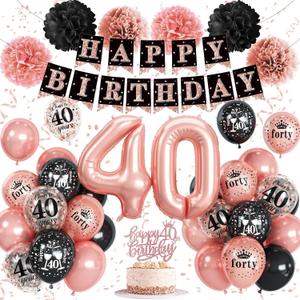 40th Birthday Decorations for Women, Rose Gold Black Confetti Latex Balloons Number 40 Foil Balloon Happy 40th Birthday Banner Cake Topper Paper Pom Poms for Her 40 Year Old Bday Party Decoration