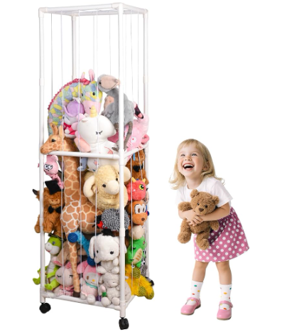 Stuffed Animal Storage Zoo with Wheels, Large Plush Toy Organizer for Kids - Extra Wide PVC Stuffed Animal Holder with Elastic Cords & Mesh Net, Nursery Playroom Toy Cage for Boys Girls Toddlers