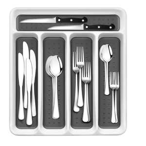 24-Piece Silverware Set, Flatware Set Mirror Polished, Dishwasher Safe Service for 4, Include Fork/Spoon with 5-Compartment Non Slip Silverware Drawer Organizer Box Tray