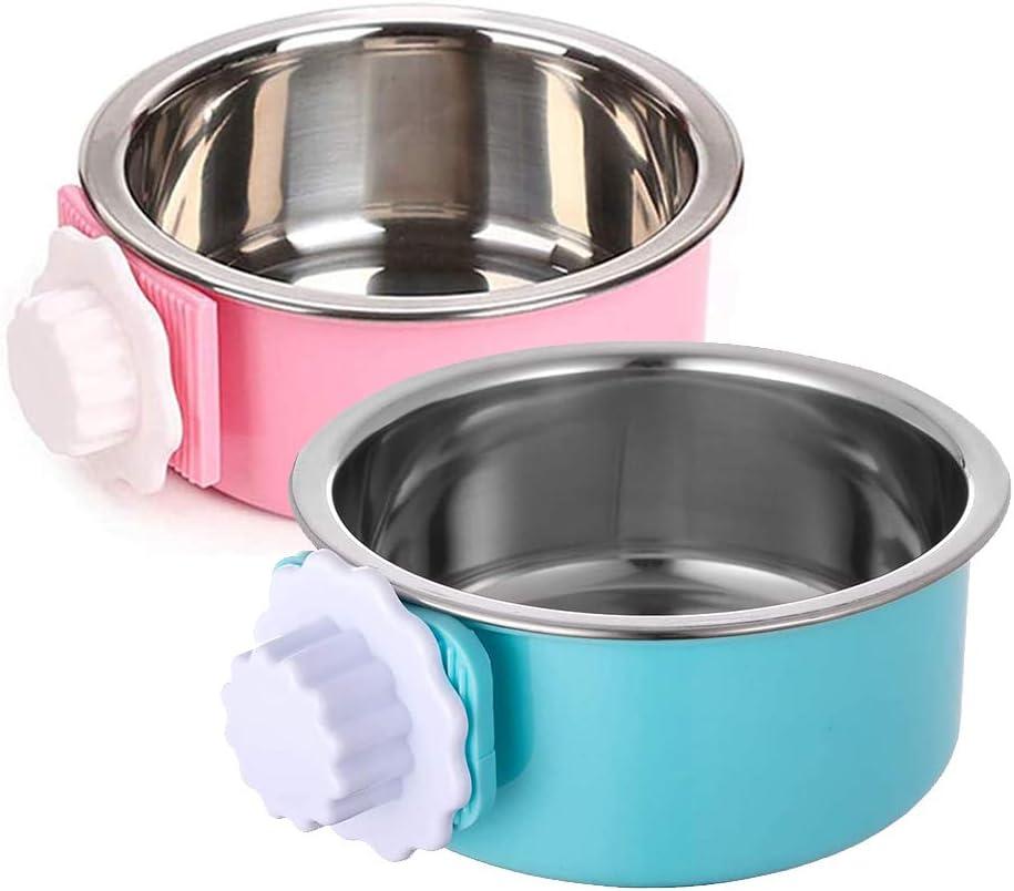 Stainless Steel Removable Pet Food Bowl, Anti-overturn Water Feeder Container, Suitable for Small Dog/Cat/Rabbit, 2 Set of Crate Bowls, Easy to Install and Clean (Pink/Blue)