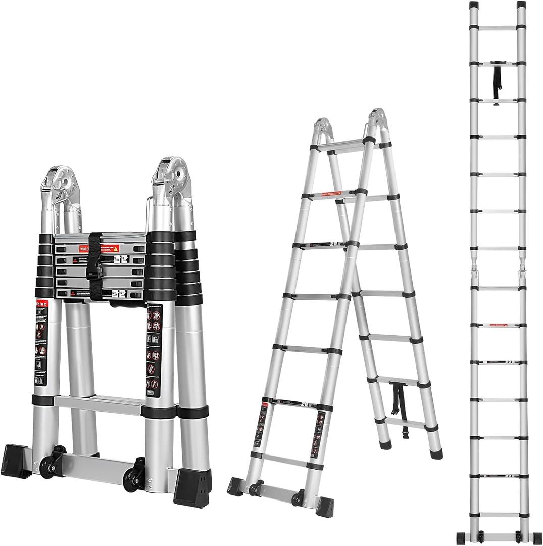 14.5FT A Frame Telescoping Ladder, Extension Multi-Purpose w/Balance Bar & Wheels, Ladder A Frame, Heavy Duty 330 lbs Max Capacity, Ideal for Home and Outdoor Work, Silver
