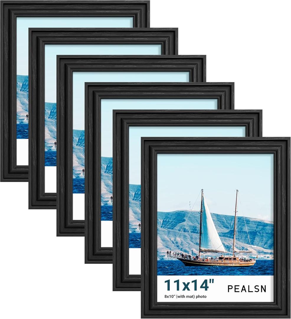 PEALSN 11x14 Picture Frame Set of 6, Display Pictures 8 x 10 with Mat or 11 x 14 Without Mat, Wall Gallery Photo Frames for Wall Mounting or Tabletop Display, Black Woodgrain