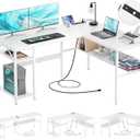 Reversible L Shaped Gaming Desk with Power Outlets and USB Charging Ports, Sturdy Computer Desks with Storage Shelf, Modern Corner Desk Home Office Table, Easy to Assemble, White
