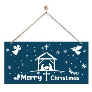 Merry Christmas Wooden Sign, Nativity Scene with Angels, Religious Christmas Wall Hanging Decoration for Indoor Outdoor Holiday Home Living Room Bedroom 7x14 Inches