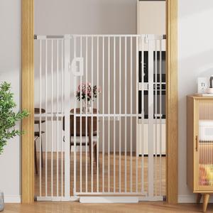 Jekriuet 57" Extra Tall Pet Gate, Auto Close Dog Door Pressure Mounted No Drilling for Doorways, Hallways, Stairs, Expandable 27.5"-38.5" Wide, Narrow 1.18" Spacing for Small Dogs & Puppies, White