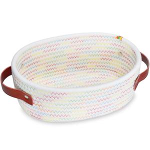 ABenkle Small Woven Basket, Mini Cotton Rope Storage Basket, Tiny Easter Basket, Shelf Basket, Oval Decorative Toy Dog Cat Basket for Nursery, Empty Gift Basket, 9.4" x 5.9" x 3.9" XS (Colorful Thread)