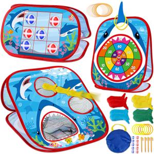 31PCS 4 in 1 Shark Bean Bag Toss Game for Kid Outdoor Ocean Toss Game with Shark Dorsal fin Foldable Cornhole for Party Supplies Board Toy for Toddler Tic Tac Toe Target Christmas