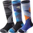 Kids Merino Wool Ski Socks Boys Girls Thermal Winter Warm Thick Cozy Socks for Skiing Snowboarding 3 Pairs (8-12 Years, Splicing Blue, Black, Grey)