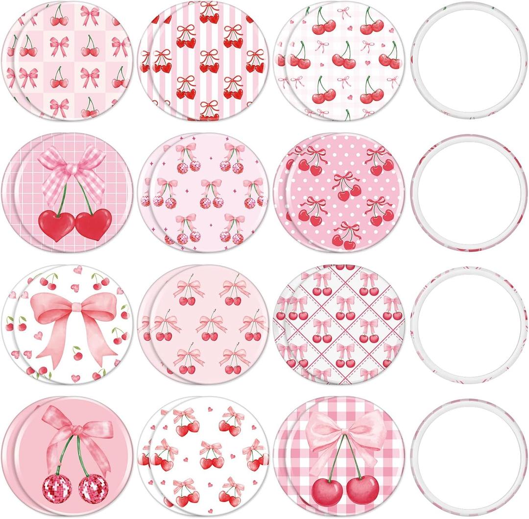 Weysat 24 Pcs Cherry Bow Compact Mirrors Bulk 2.7" Small Round Portable Pink Pocket Makeup Mirror for Girls Women Coquette Preppy Birthday Bridal Shower Weddings Party Favors Decorations