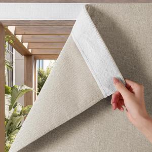 NICETOWN 100% Blackout Linen Outdoor Curtains for Patio, Waterproof & Windproof Gazebo Curtains Sticky-Back Top & Back Tab Bottom, Sun Shades with 2 Straps & Rope, W52 xL84, Natural, 2 Panels