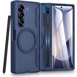 Caka for Samsung Galaxy Z Fold 6 Case [Thinner S Pen Holder Slot] [Magnetic Charging] [Hinge Protection] [Built-in Screen Protector] Translucent Hard Shockproof Magnet Phone Cover for Zfold 6 - Blue