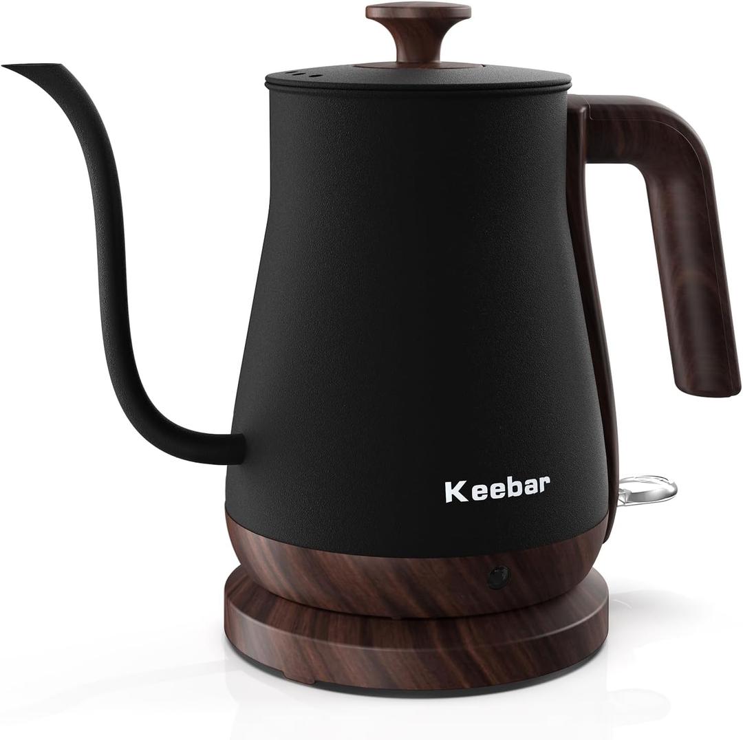 Keebar Gooseneck Electric Kettle - Stainless Steel Pour Over with Auto Shut Off, 0.8L Capacity, 1000W Quick Heating, Design with Elegant Handle, Matte Black with Walnut, Manual, (XH-W081-BW)