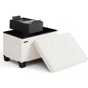 Storage Ottoman Cube with Small Bin, 16-in Square Ottoman with Storage for Living Room and Bedroom, Small Ottomans Foot Rest, Fabric Foot Stools Ottomans Max 330lbs, Cream