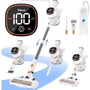 Tikom V500 Cordless Vacuum Cleaner for Home, 40000Pa/450W Stick Vacuum with LED Touch Screen, Charging Wall Dock, Anti-Tangle, Lightweight Handheld Vacuum for Pet Hair, Hard Floor, Carpet (Orange&white)