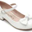 LseLom Girls White Dress Shoes Mary Jane Shoes for Girls Low Heel Hook and Loop Bowknot Flats for School Wedding Party (2 Big Kid)