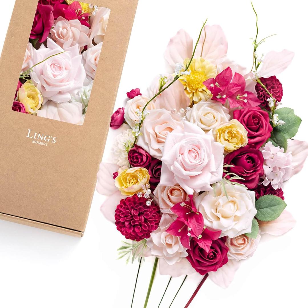 Ling's moment Fake Flowers Box, Faux Artificial Greenery Stems Foam Dahlia Gardenia Roses Silk Hydrangea Ranunculus Fabic Flower for Centerpieces Bouquet Wedding Vase, Hot Pink & Blush, Deluxe Combo