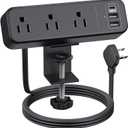 3 Outlet Desk Clamp Power Strip with USB C, Black Flat Plug Desktop Edge Clamp Power Socket Connect 6.5 ft Thin Extension Cord for 1.6 inch Tables
