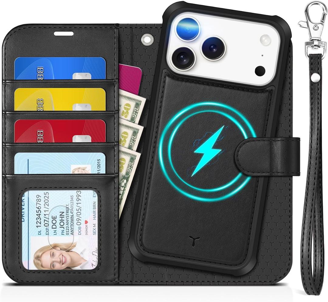 TUCCH 2-in-1 Detachable Wallet Case for iPhone 17 Pro Max (6.9") 2025, Wireless Charging | RFID Blocking 4 Card Holder | Wrist Strap | Kickstand | Magnetic | PU Leather | Protective Flip Cover | Black