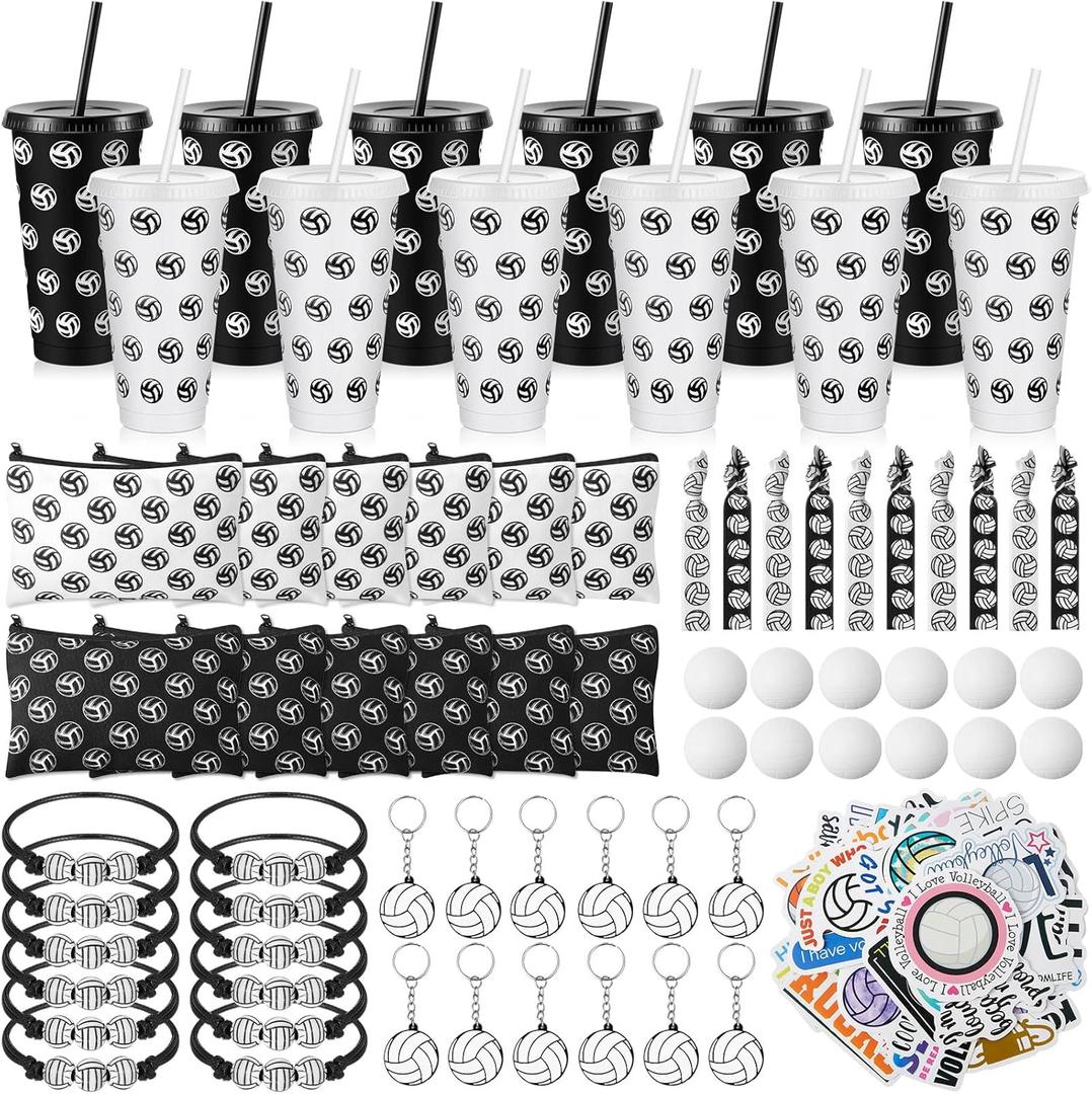 Hollowfly 122-piece Volleyball Party Favor Set Includes Cups with Straws, Mini Stress Balls Keychains, Slap Bracelets, Hair Ties, Stickers, a Makeup Bag, and More for Birthday Parties