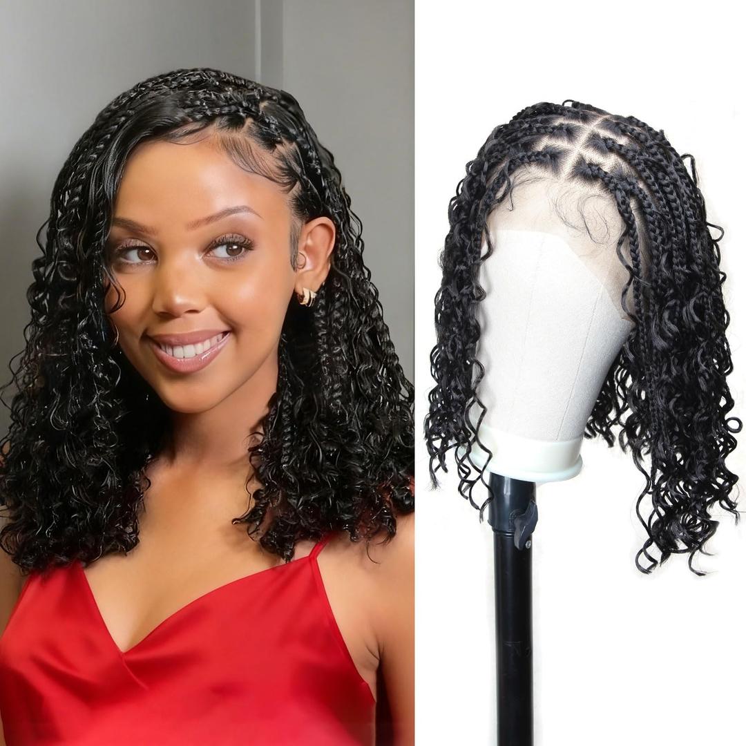 12 Inch Full Lace Front Short Boho Braided Wigs for Black Women Knotless Bob Box Braided Wig With Baby Hair Synthetic Braided Wigs Natural Black