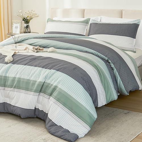 Litanika Oversized King Comforter Set Sage Green 128x120-3 Pieces Lightweight Green White Colorblock Stripe Fluffy Bedding Comforter Sets, All Season Bed Set