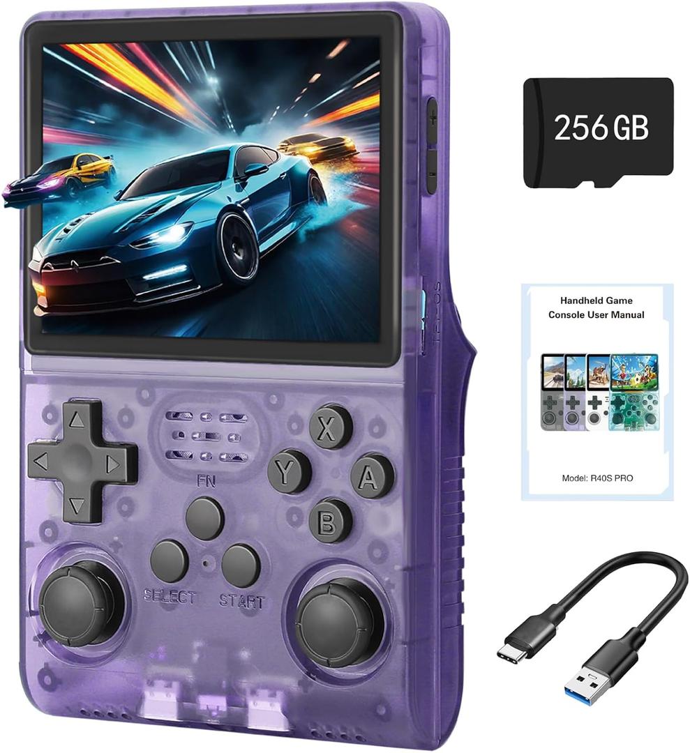 R40S Pro+ Handheld Game Console, 30000 in 1 Games Mini Retro Video Console, 3.5-Inch IPS Screen,256GB TF Memory Memory,Built in 45+ Emulators,3800mAh Battery (Transparent Purple 256G)