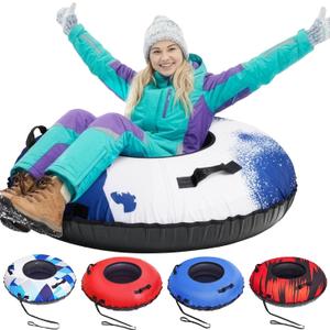 ZEALFEEL Snow Tube, 45'' Rubber Snow Tubes with Commercial Grade Canvas Cover for Kids & Adults, Inflatable Heavy Duty Snow Sled Thickened Hard Bottom with Tow Strap, Sleds Winter Gifts