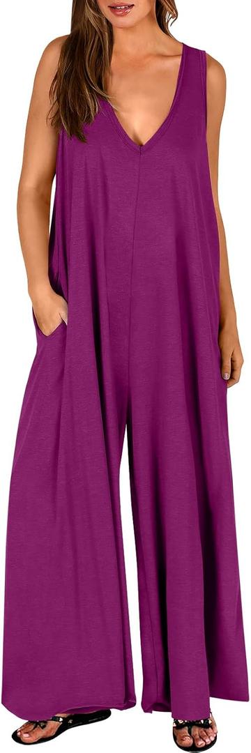 ANRABESS Women's Casual Summer Loose Jumpsuits Sleeveless Tank V Neck Wide Leg Long Pant Rompers Baggy Jumper with Pockets Dark Purple L
