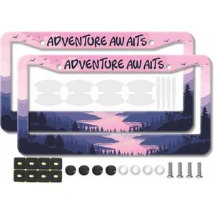 2PCS Pink Adventure Awaits Pattern License Plate Frames for Girl Women - Universal Aluminum Stainless Steel Car Tag Covers Holder with Screws, Caps, Rattle Proof Pads and Handlebar Stickers