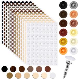 1152 Pcs Self-Adhesive Screw Hole Stickers and 120 Pcs Screw Cap Covers, 15 mm Waterproof Dustproof Self Tapping PVC Plastic Cap Cover Sticker for Wood Furniture Cabinets Wall Desk, 12 Colors